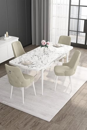 Noa Serisi Beyaz Mermer 80x132 Açılabilir Masa Takımı 4 Krem Sandalye Gümüş Halkalı