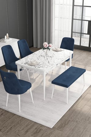 Noa Serisi 80x132 Açılabilir Mdf Beyaz Mermer Desen Masa Takımı 4 Lacivert Sandalye Ve 1 Bench