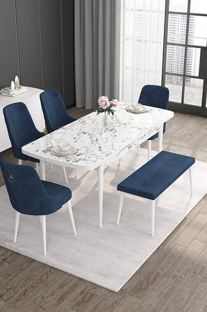 Noa Serisi 80x132 Açılabilir Mdf Beyaz Mermer Desen Masa Takımı 4 Lacivert Sandalye Ve 1 Bench