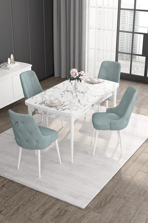 Noa Serisi Beyaz Mermer 80x132 Açılabilir Masa Takımı 4 Su Yeşili Sandalye Gümüş Halkalı