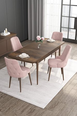 Roy Serisi 80x132 Mdf Barok Ahşap Desen Masa Takımı Ve 4 Pembe Sandalye
