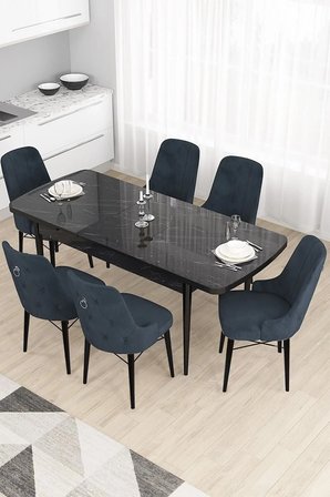 Taç Serisi 80x132 Açılabilir Mutfak Masası Takımı Siyah Mermer Desen Masa 6 Antrasit Sandalye