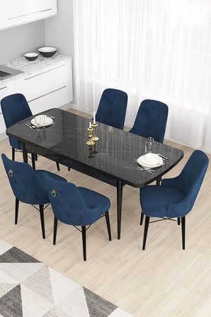 Taç Serisi 80x132 Açılabilir Mutfak Masası Takımı Siyah Mermer Desen Masa 6 Lacivert Sandalye