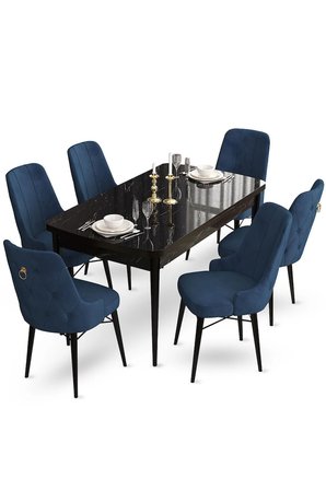 Taç Serisi 80x132 Açılabilir Mutfak Masası Takımı Siyah Mermer Desen Masa 6 Lacivert Sandalye