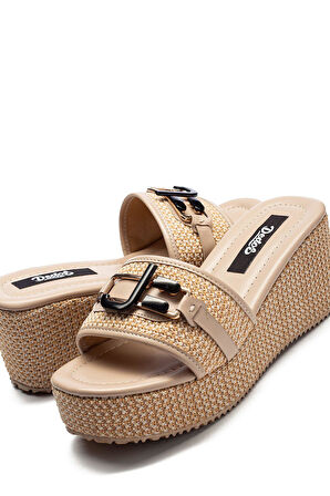 Kadın Hasır Örme Tokalı Yüksek Platform Topuklu Terlik 2400