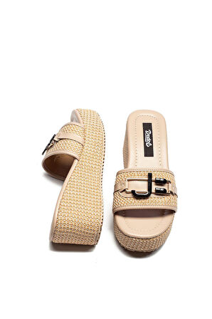 Kadın Hasır Örme Tokalı Yüksek Platform Topuklu Terlik 2400