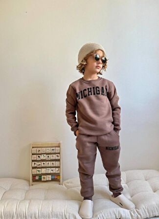 Erkek Çocuk Michigan Yazı Baskılı Sweatshirt Takım