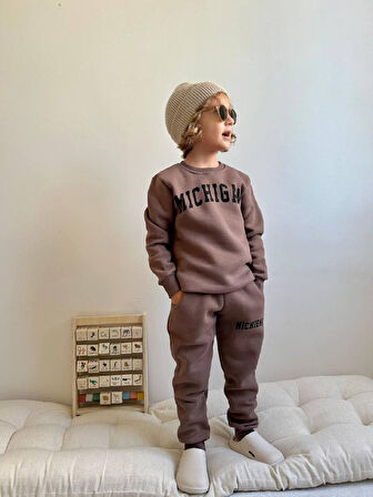 Erkek Çocuk Michigan Yazı Baskılı Sweatshirt Takım