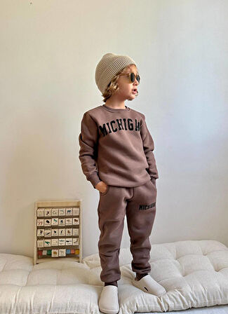 Erkek Çocuk Michigan Yazı Baskılı Sweatshirt Takım