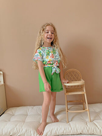 Kız Çocuk Airobin Kumaş Bağlama Detaylı Şortlu Takım