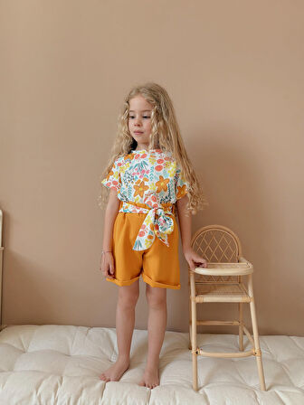 Kız Çocuk Airobin Kumaş Bağlama Detaylı Şortlu Takım