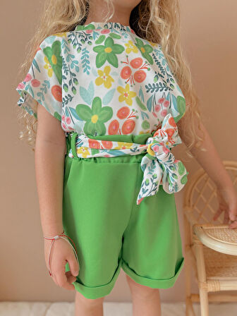 Kız Çocuk Airobin Kumaş Bağlama Detaylı Şortlu Takım