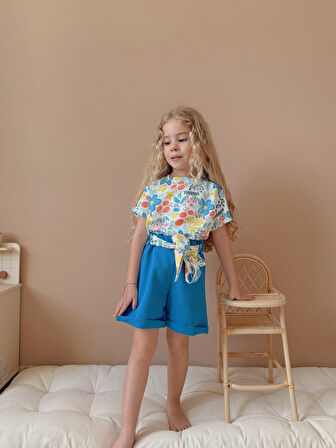 Kız Çocuk Airobin Kumaş Bağlama Detaylı Şortlu Takım