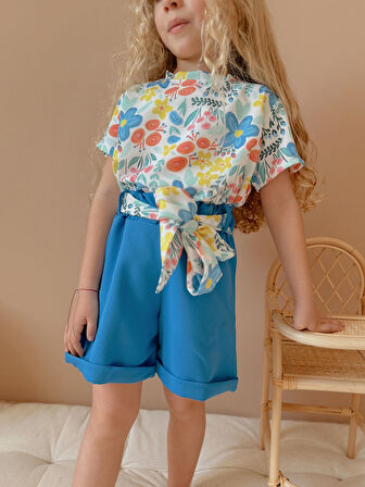 Kız Çocuk Airobin Kumaş Bağlama Detaylı Şortlu Takım