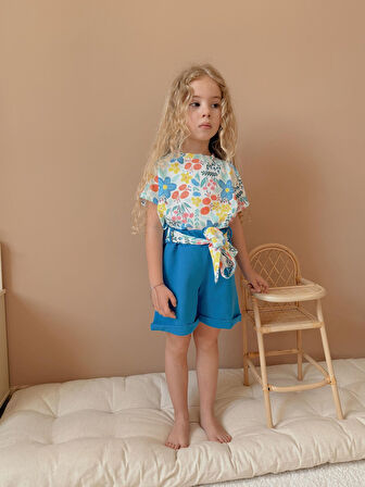 Kız Çocuk Airobin Kumaş Bağlama Detaylı Şortlu Takım