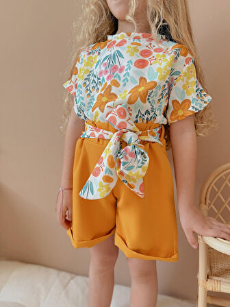 Kız Çocuk Airobin Kumaş Bağlama Detaylı Şortlu Takım