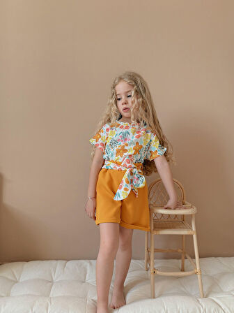 Kız Çocuk Airobin Kumaş Bağlama Detaylı Şortlu Takım