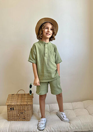 Erkek Çocuk Müslin Kumaş Hakim Yaka Takım