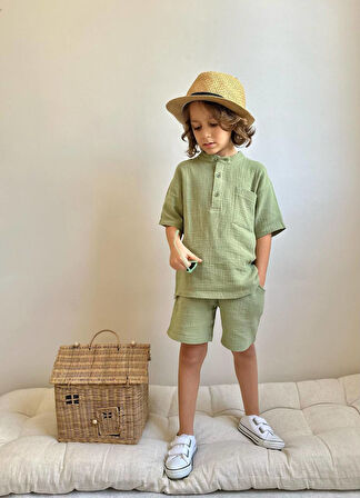 Erkek Çocuk Müslin Kumaş Hakim Yaka Takım