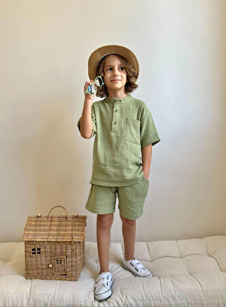 Erkek Çocuk Müslin Kumaş Hakim Yaka Takım