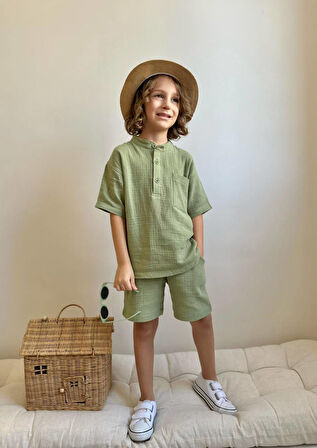 Erkek Çocuk Müslin Kumaş Hakim Yaka Takım