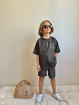 Erkek Çocuk Siyah Cepli  Keten Takım