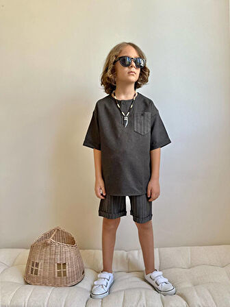 Erkek Çocuk Siyah Cepli  Keten Takım