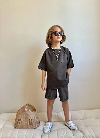 Erkek Çocuk Siyah Cepli  Keten Takım