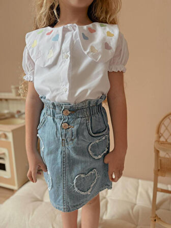 Kız Çocuk Kalp Nakışlı Kot Etekli Takım