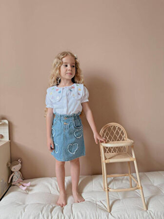 Kız Çocuk Kalp Nakışlı Kot Etekli Takım