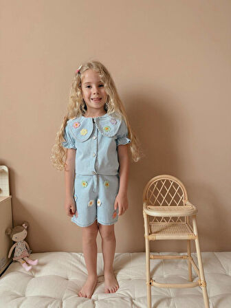 Kız Çocuk Mavi Kot Gömlekli Şortlu Denim Takım