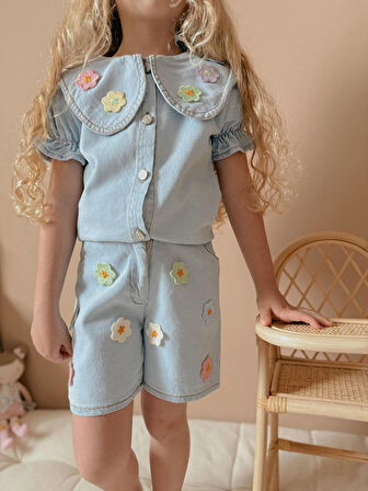 Kız Çocuk Mavi Kot Gömlekli Şortlu Denim Takım