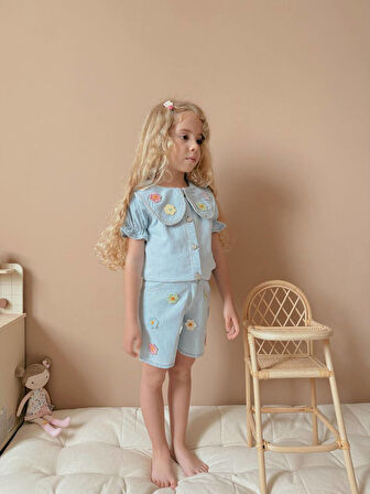 Kız Çocuk Mavi Kot Gömlekli Şortlu Denim Takım