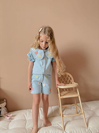 Kız Çocuk Mavi Kot Gömlekli Şortlu Denim Takım