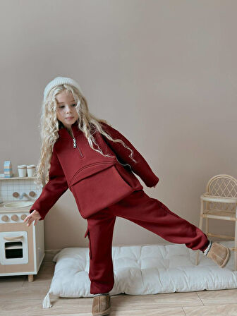 Kız Çocuk Kanguru Cepli Sweatshirtli Kışlık Takım