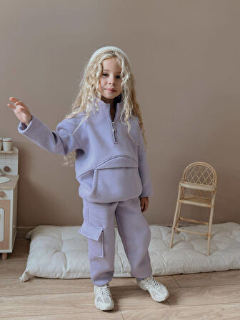 Kız Çocuk Kanguru Cepli Sweatshirtli Kışlık Takım