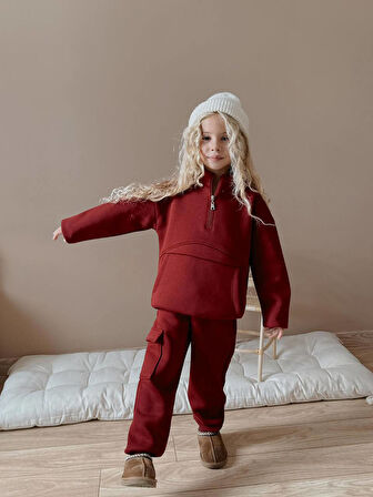 Kız Çocuk Kanguru Cepli Sweatshirtli Kışlık Takım