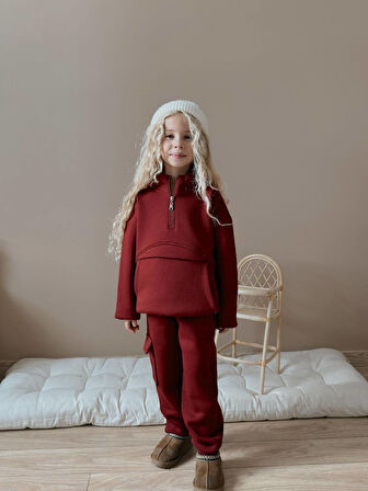 Kız Çocuk Kanguru Cepli Sweatshirtli Kışlık Takım