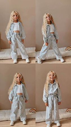 Kız Çocuk Mavi Kot Ceketli Pantolonlu Jean Takım