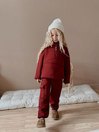 Kız Çocuk Kanguru Cepli Sweatshirtli Kışlık Takım