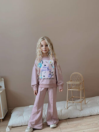 Kız Çocuk İspanyol Paça Çiçekli Eşofmanlı Kışlık Takım