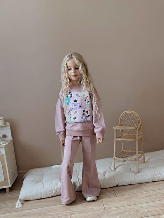 Kız Çocuk İspanyol Paça Çiçekli Eşofmanlı Kışlık Takım