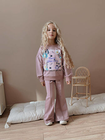 Kız Çocuk İspanyol Paça Çiçekli Eşofmanlı Kışlık Takım