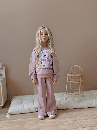 Kız Çocuk İspanyol Paça Çiçekli Eşofmanlı Kışlık Takım