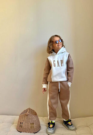 Erkek Çocuk Kapüşonlu Sweatshirt Blok Renkli Kışlık Takım