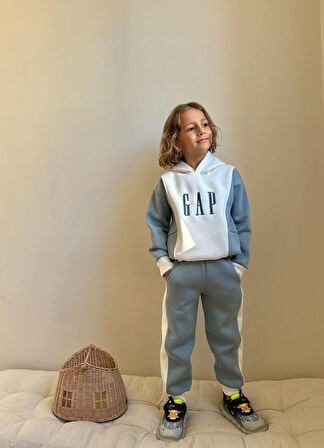 Erkek Çocuk Kapüşonlu Sweatshirt Blok Renkli Kışlık Takım