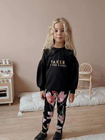 Kız Çocuk Siyah Fitilli Taytlı Kışlık Takım