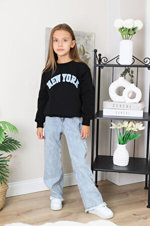 Kız Çocuk Mavi Jean Kotlu Pantolonlu Takım