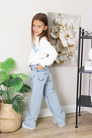 Kız Çocuk Mavi Jean Kotlu Pantolonlu Takım