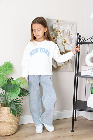 Kız Çocuk Mavi Jean Kotlu Pantolonlu Takım